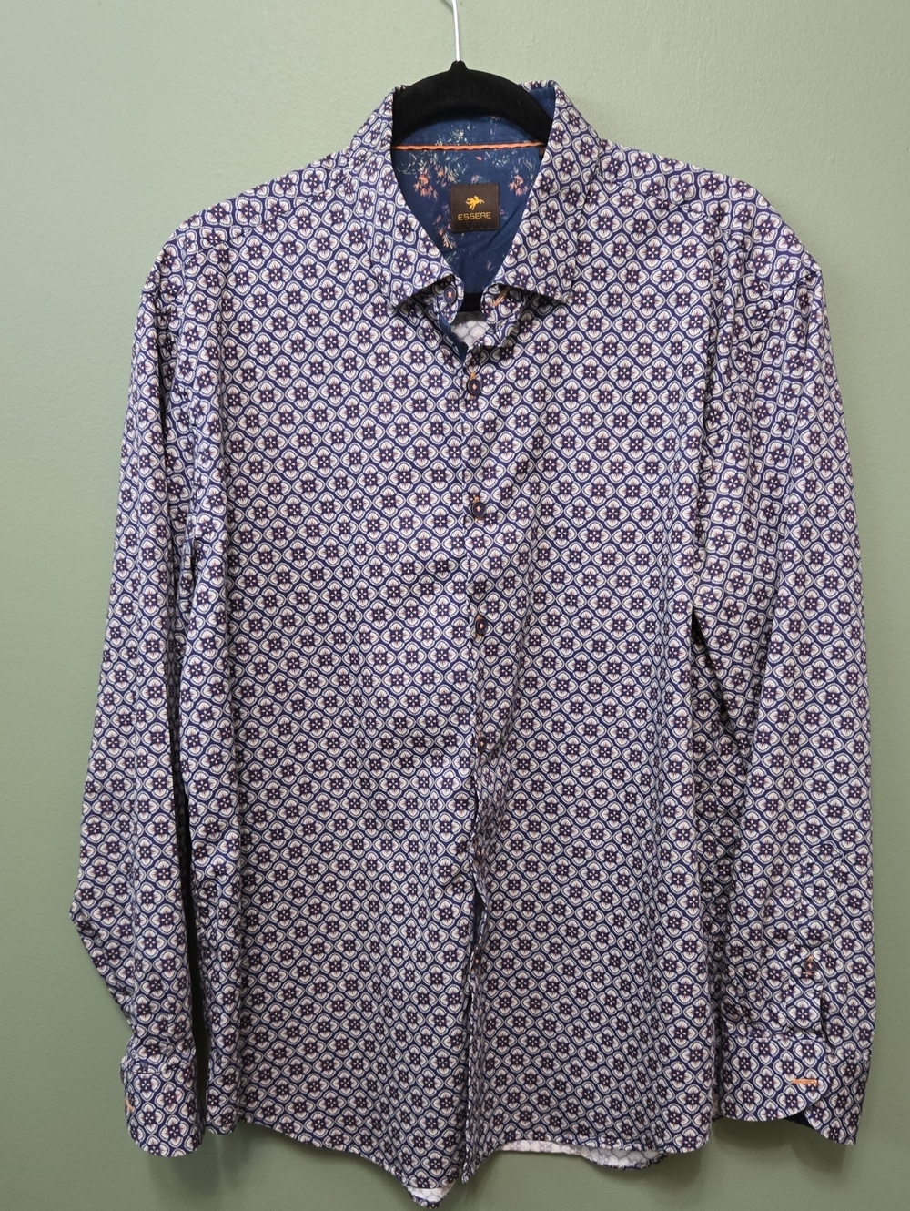 Essere  Men's Navy Geometric Print Button-Up Shirt  Sz  XL